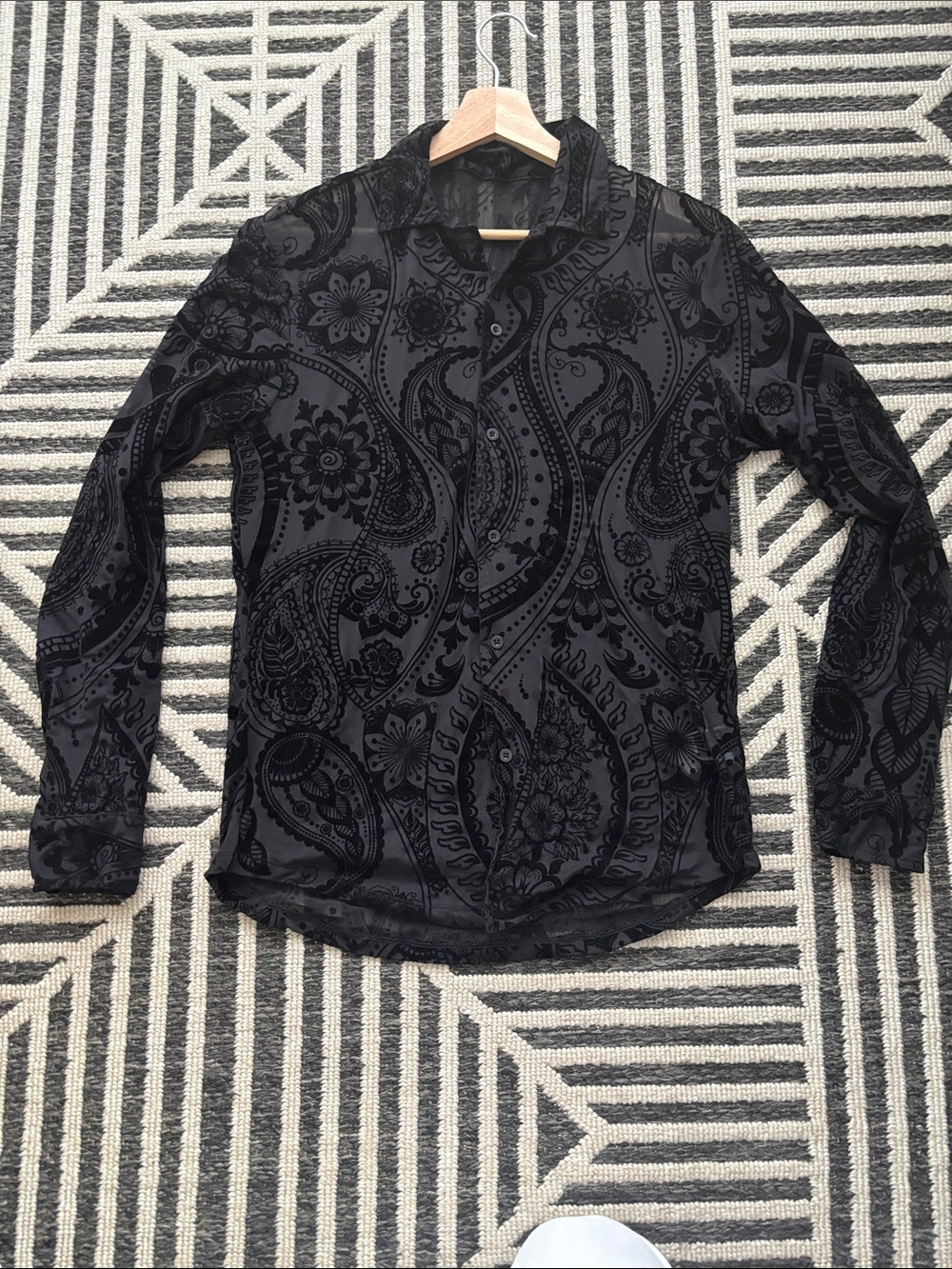 Black Paisley Velvet-Texture Men's Shirt